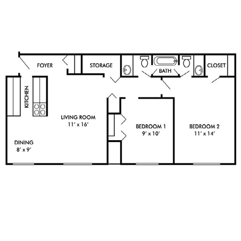 Floor plan for 2 beds, 1.5 baths, 840 sqft
